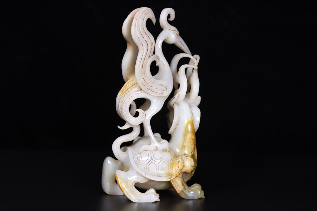 A0415 Old Chinese Hetian Jade Carved Crane & Dragon Turtle Statue