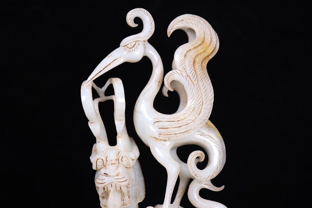 A0415 Old Chinese Hetian Jade Carved Crane & Dragon Turtle Statue