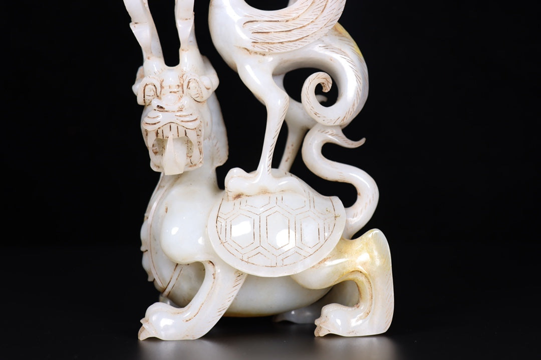 A0415 Old Chinese Hetian Jade Carved Crane & Dragon Turtle Statue