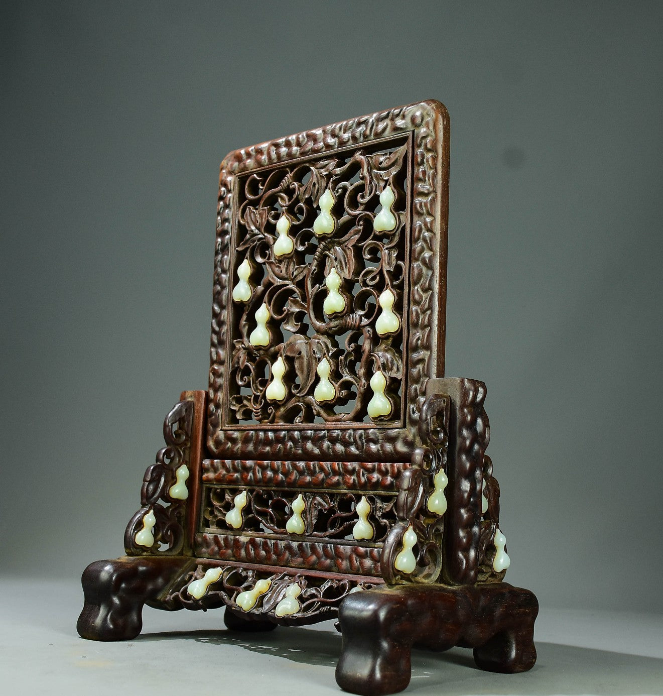 A0418 Openwork Chinese Huanghuali Wood Inlay Jade Gourd Screen
