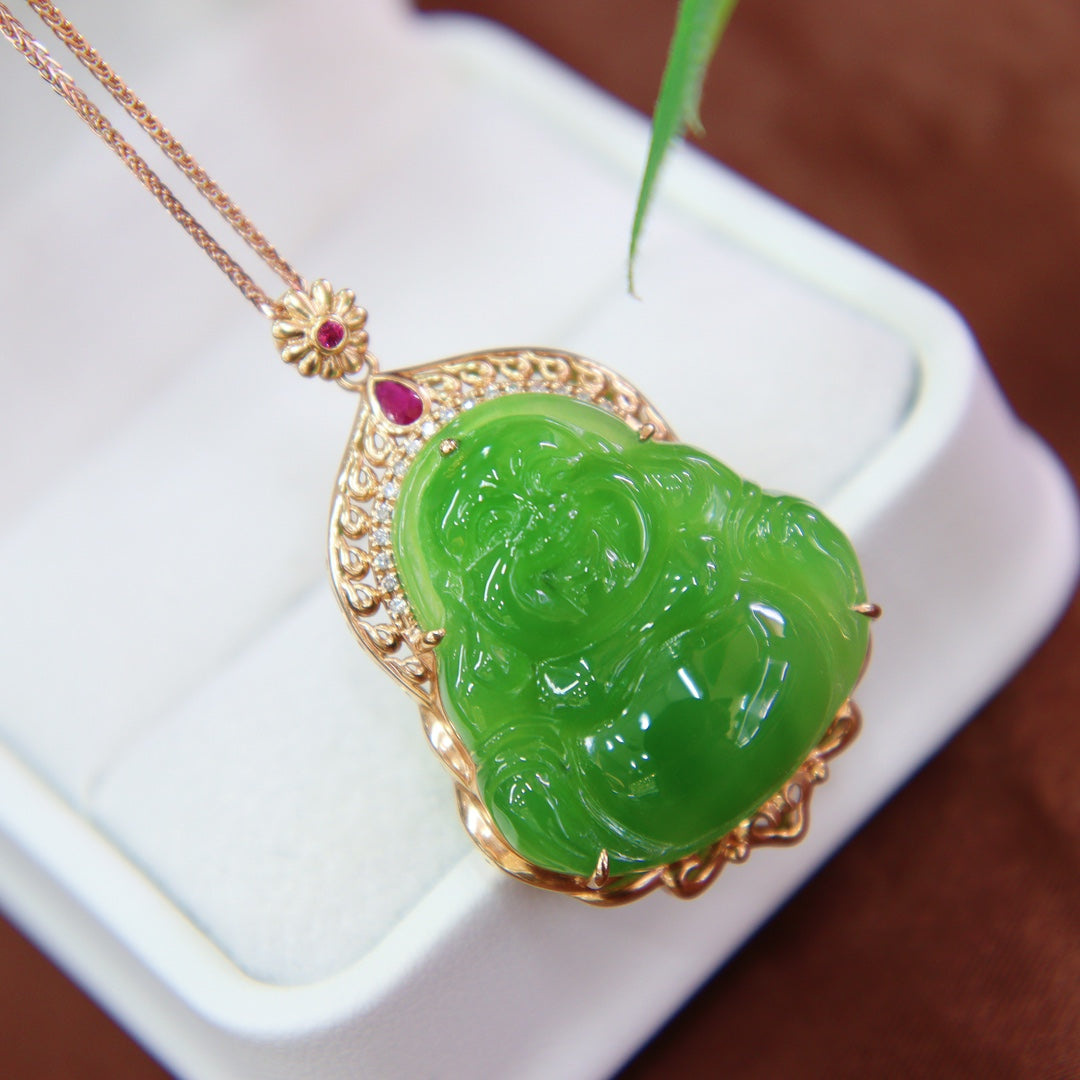 A0424 18K Gold Inlay Green Hetian Jade Laughing Buddha Pendant