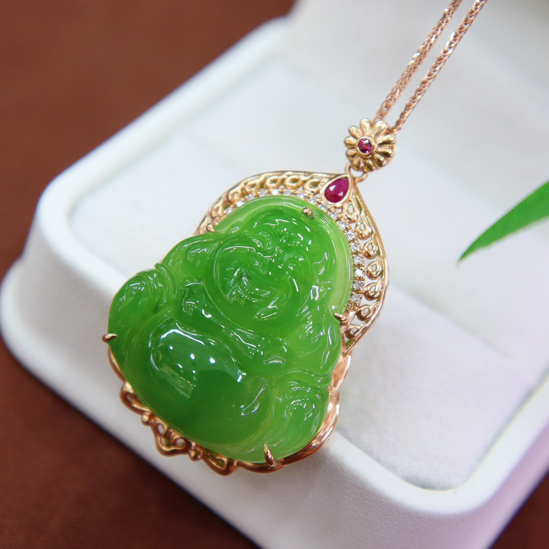 A0424 18K Gold Inlay Green Hetian Jade Laughing Buddha Pendant