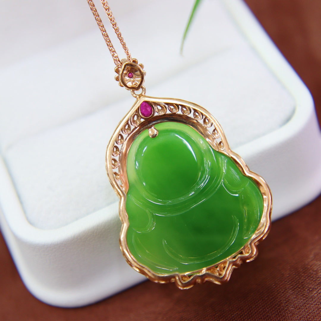 A0424 18K Gold Inlay Green Hetian Jade Laughing Buddha Pendant