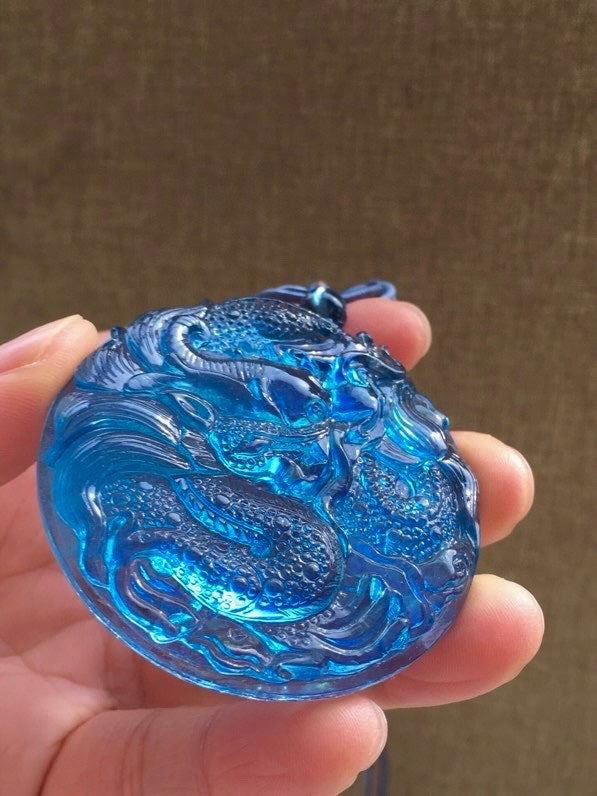 A0438 Beautiful Natural Aquamarine Carved Fortune Dragon Pendant