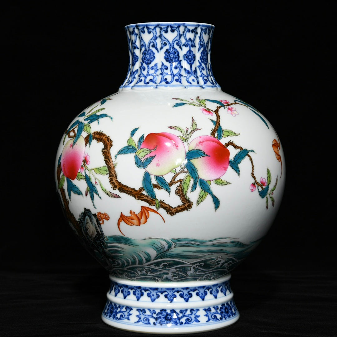A0439 Chinese Famille Rose & Blue And White Porcelain Peach & Bat Design Vase