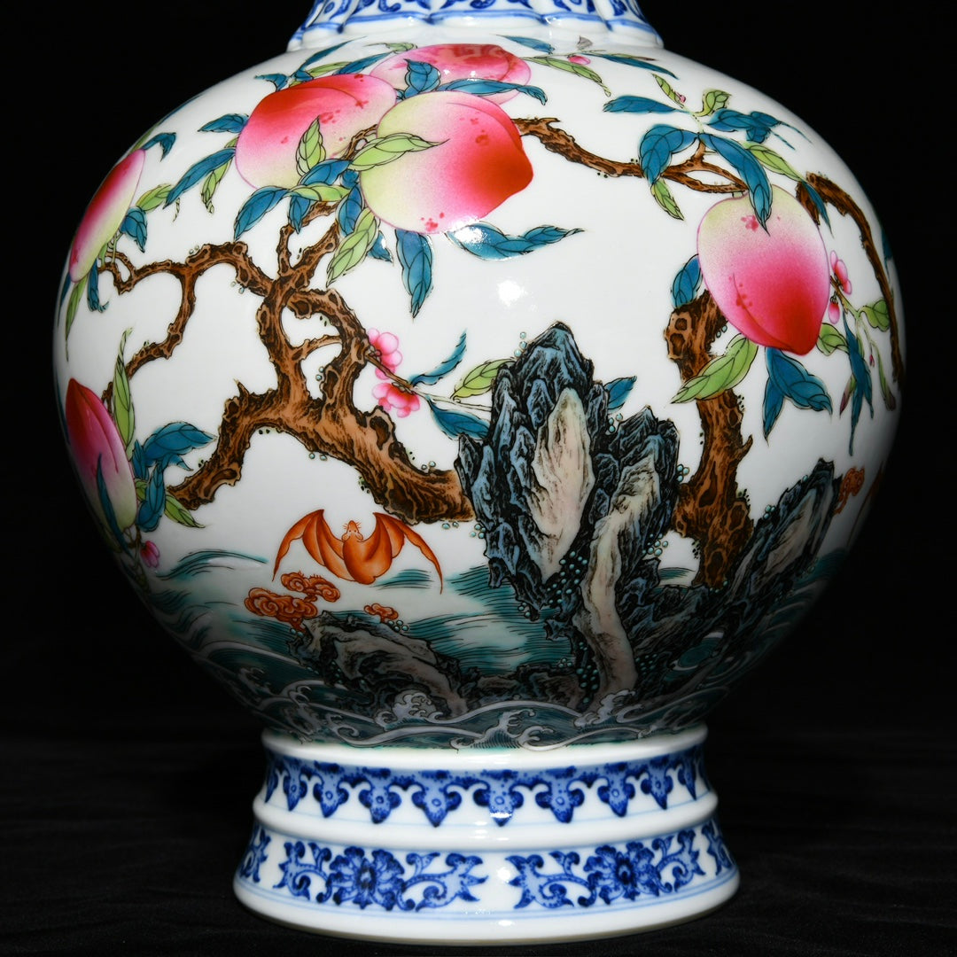 A0439 Chinese Famille Rose & Blue And White Porcelain Peach & Bat Design Vase
