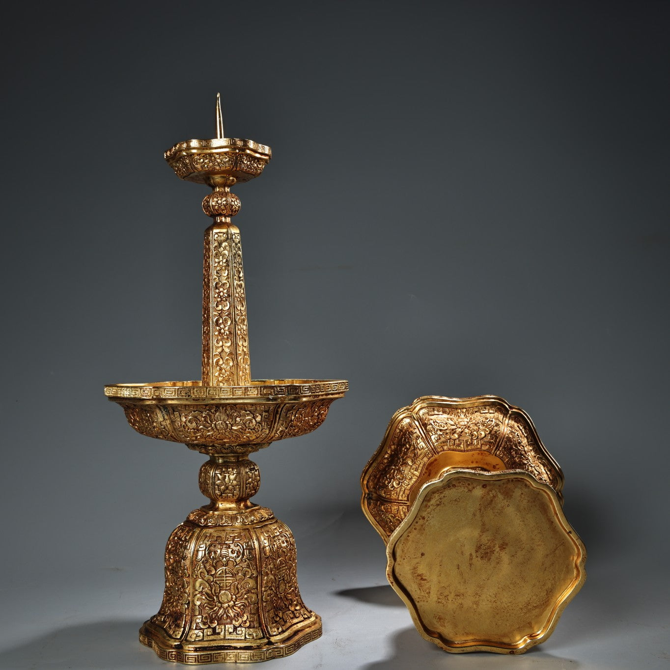 A0442 A Pair Vintage Chinese Gilt Gold Copper Low Relief Flower Design Candlestick