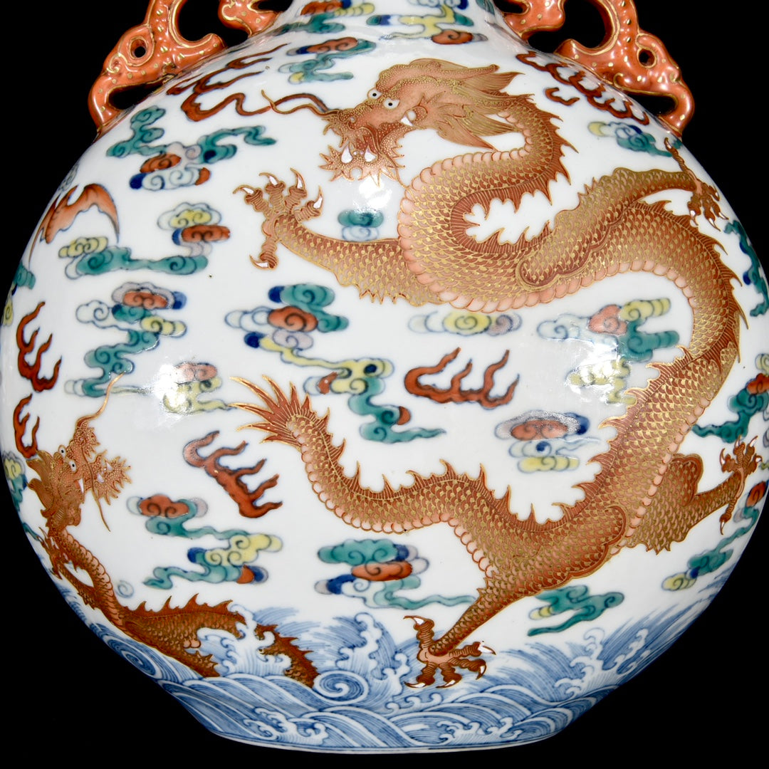 A0446 Chinese Gilt Gold Doucai Fortune Dragon Design Double Ears Porcelain Vase