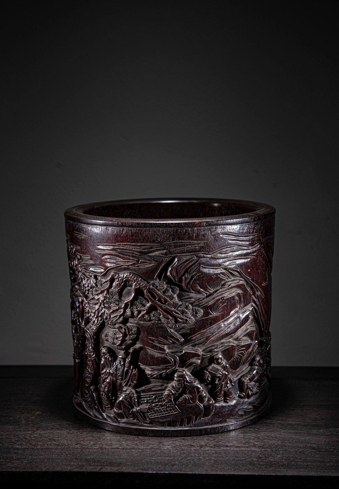 A0448 Vintage Chinese Zitan Wood Low Relief Sages Meeting Brush Pot