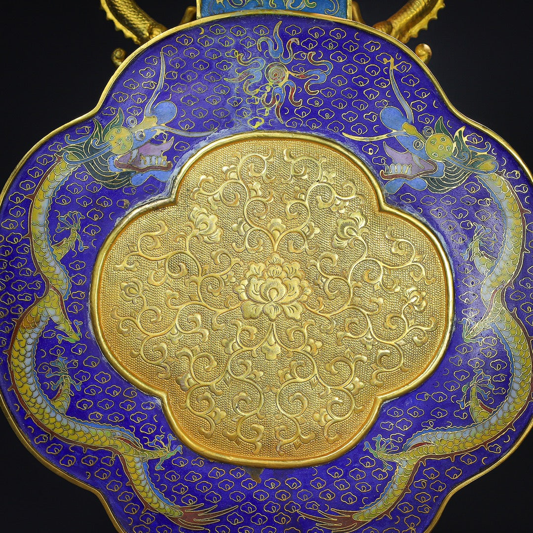 A0456 Vintage Chinese Gilt Gold Bronze Cloisonne Fortune Dragon Double Ears Vase