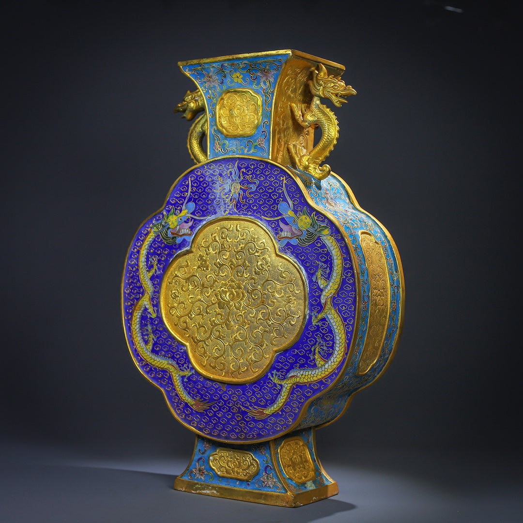 A0456 Vintage Chinese Gilt Gold Bronze Cloisonne Fortune Dragon Double Ears Vase