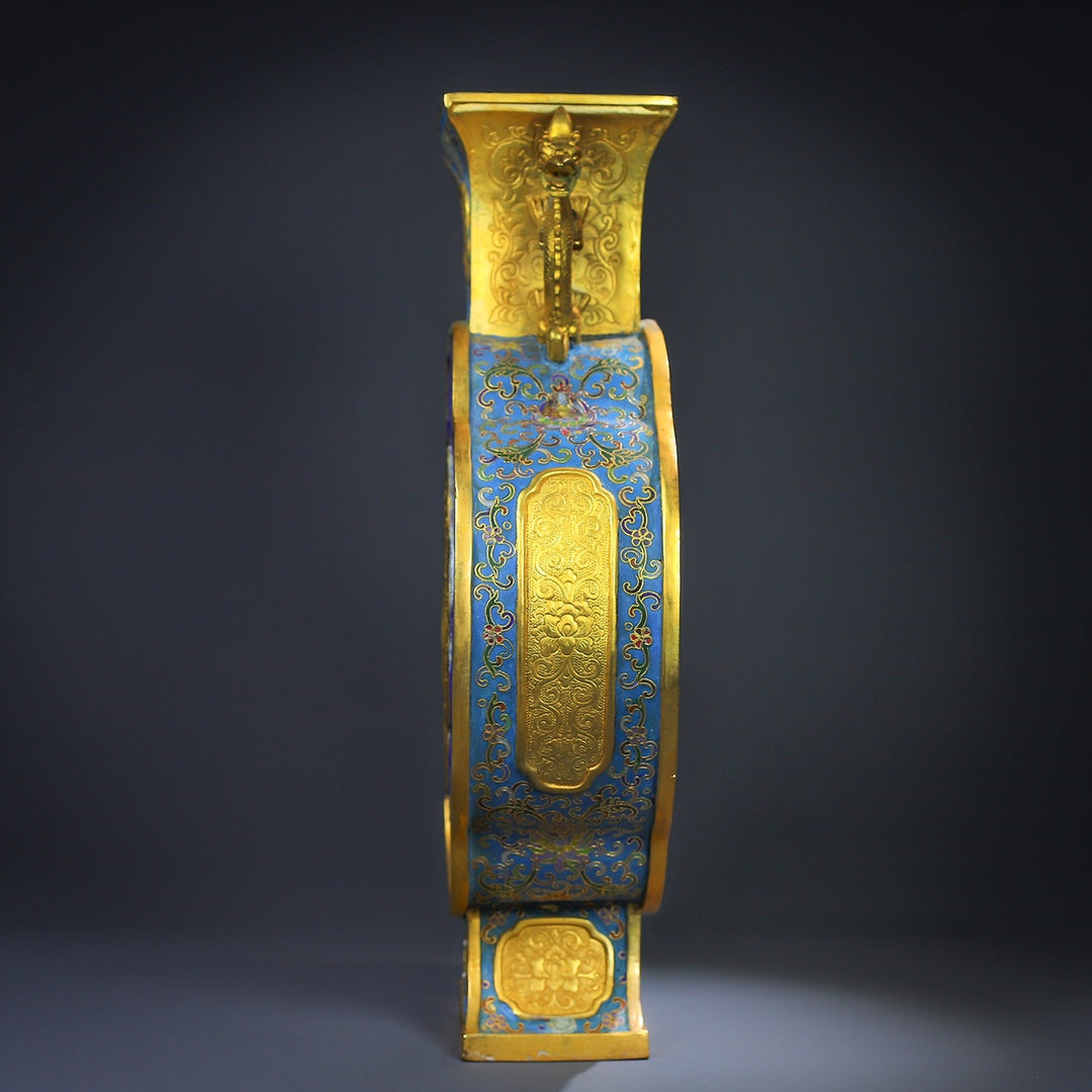 A0456 Vintage Chinese Gilt Gold Bronze Cloisonne Fortune Dragon Double Ears Vase