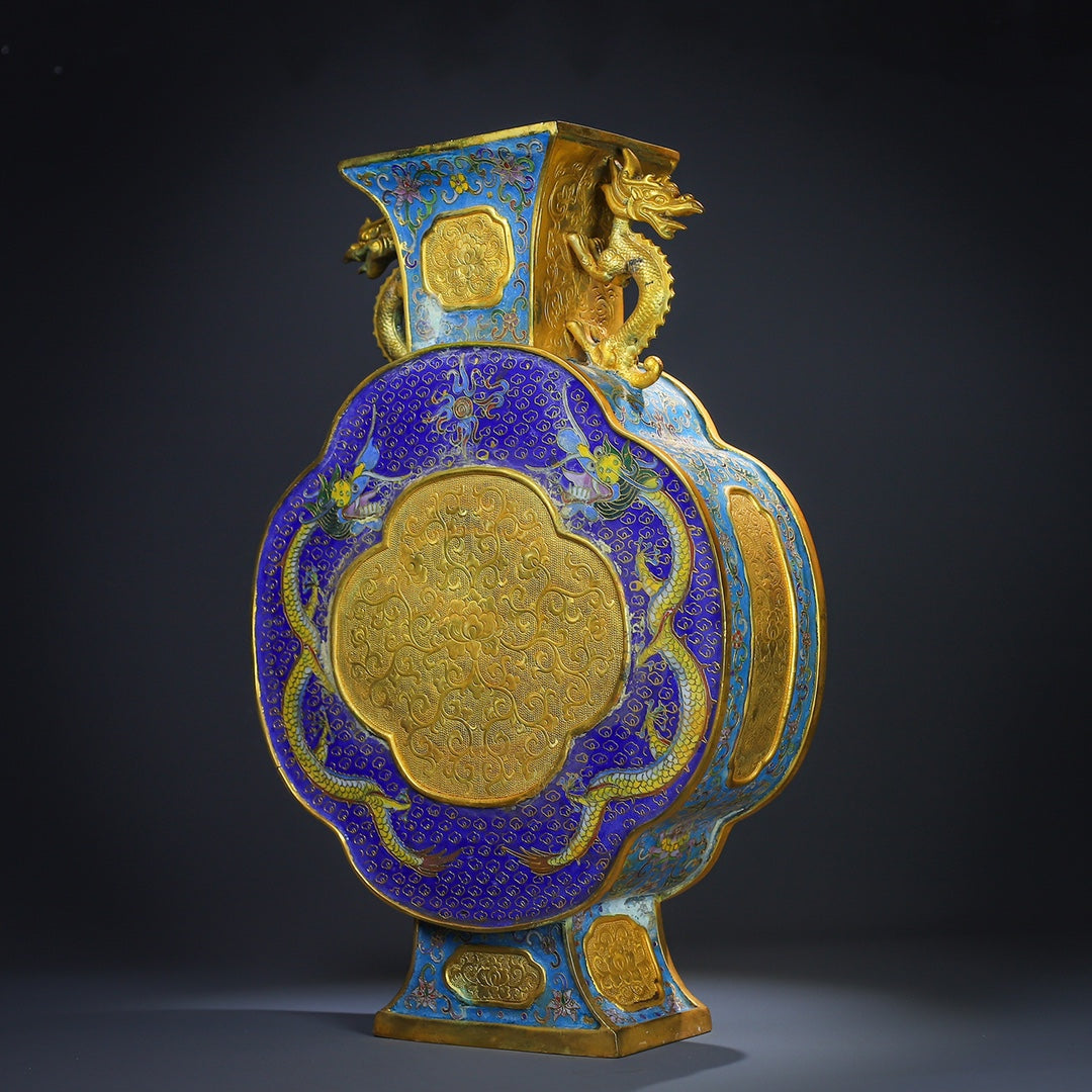 A0456 Vintage Chinese Gilt Gold Bronze Cloisonne Fortune Dragon Double Ears Vase