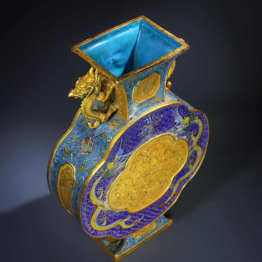 A0456 Vintage Chinese Gilt Gold Bronze Cloisonne Fortune Dragon Double Ears Vase