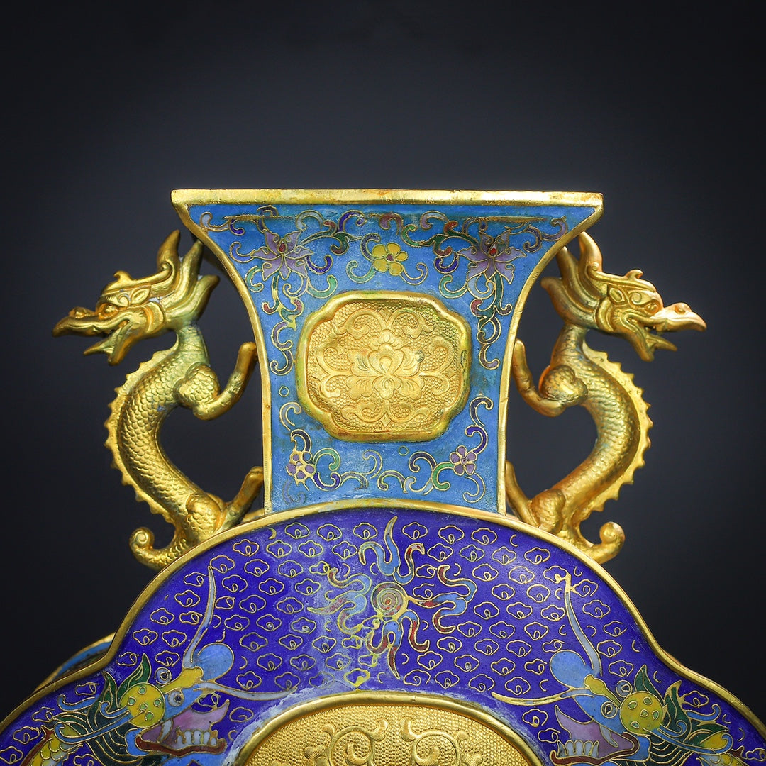 A0456 Vintage Chinese Gilt Gold Bronze Cloisonne Fortune Dragon Double Ears Vase