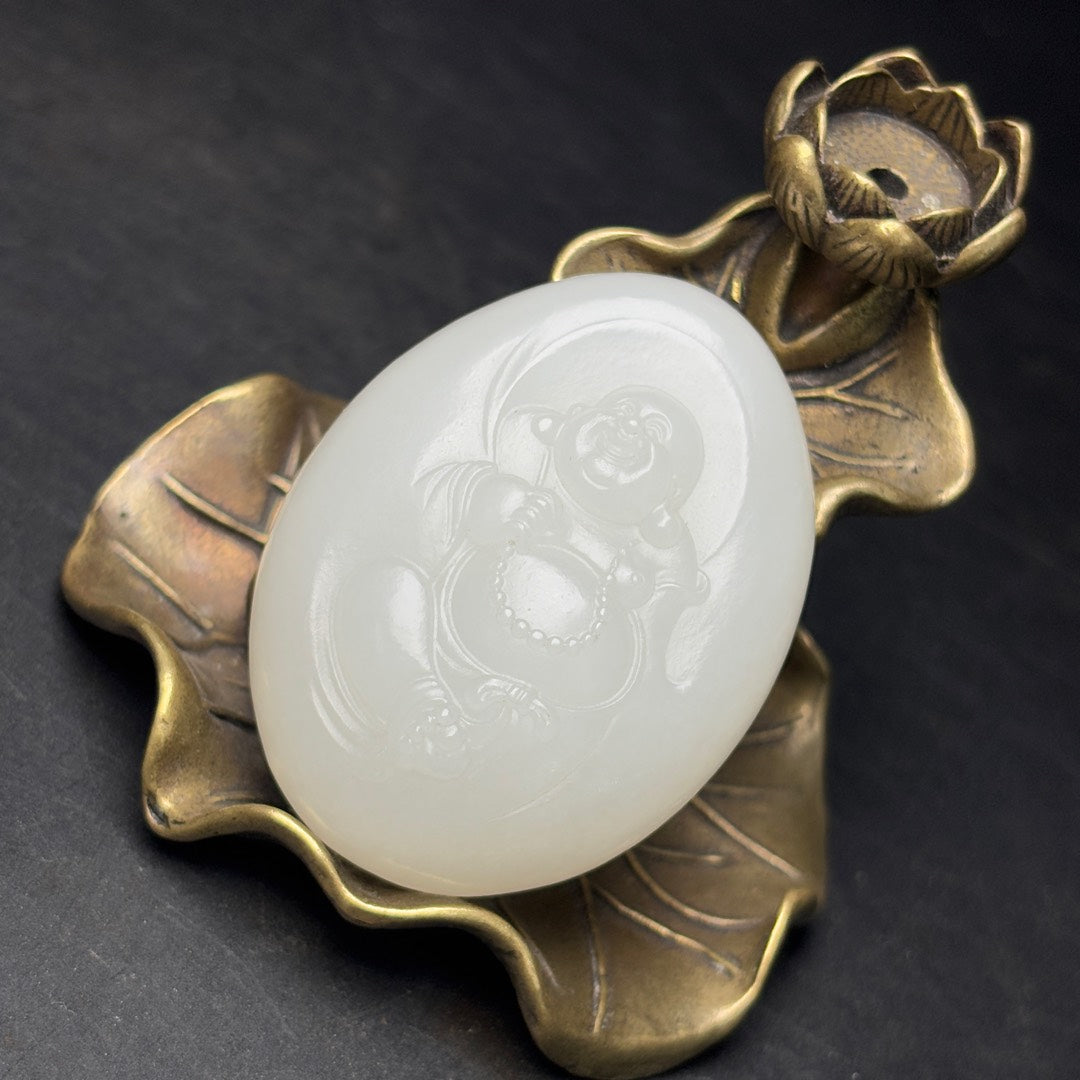 A0458 Superb Chinese Natural White Hetian Jade Laughing Buddha Pendant