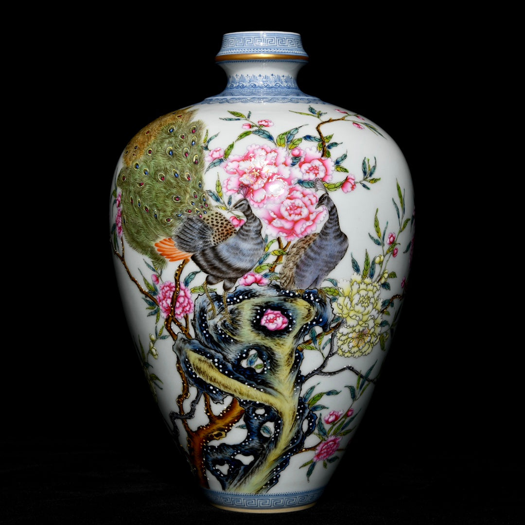 A0459 Chinese Gilt Edge Famille Rose Flower Peacock Design Porcelain Vase
