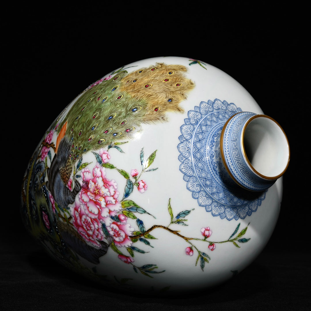 A0459 Chinese Gilt Edge Famille Rose Flower Peacock Design Porcelain Vase