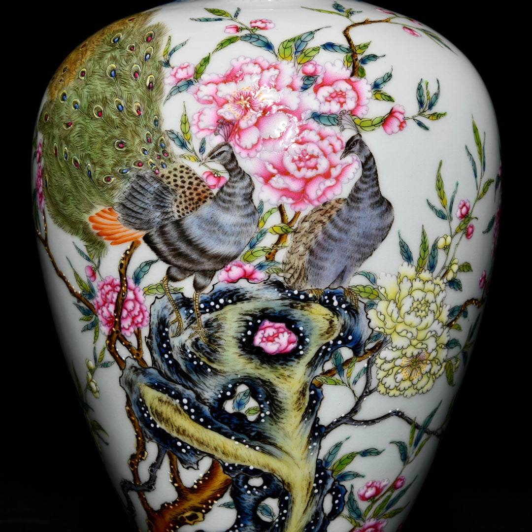 A0459 Chinese Gilt Edge Famille Rose Flower Peacock Design Porcelain Vase