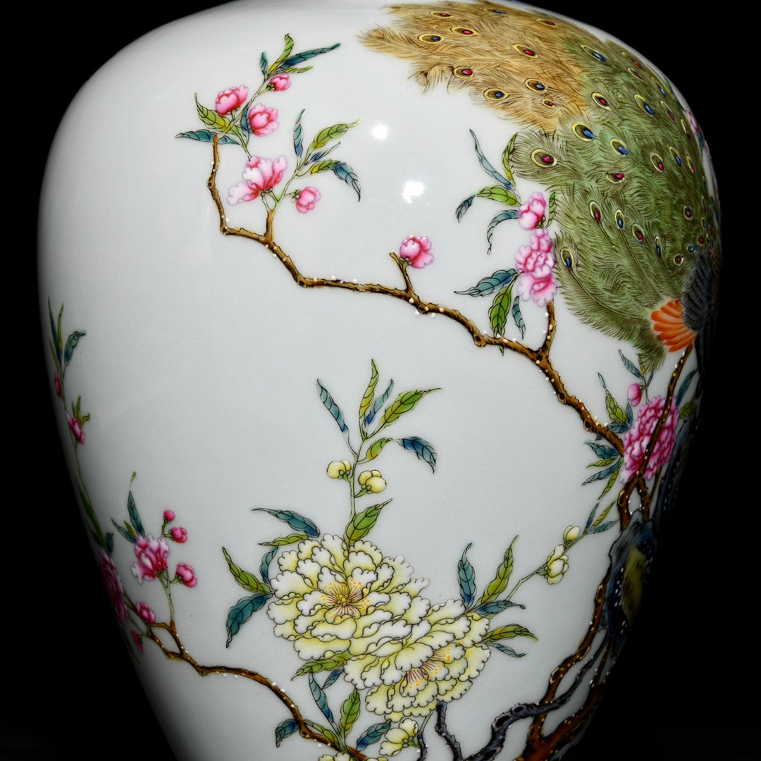 A0459 Chinese Gilt Edge Famille Rose Flower Peacock Design Porcelain Vase