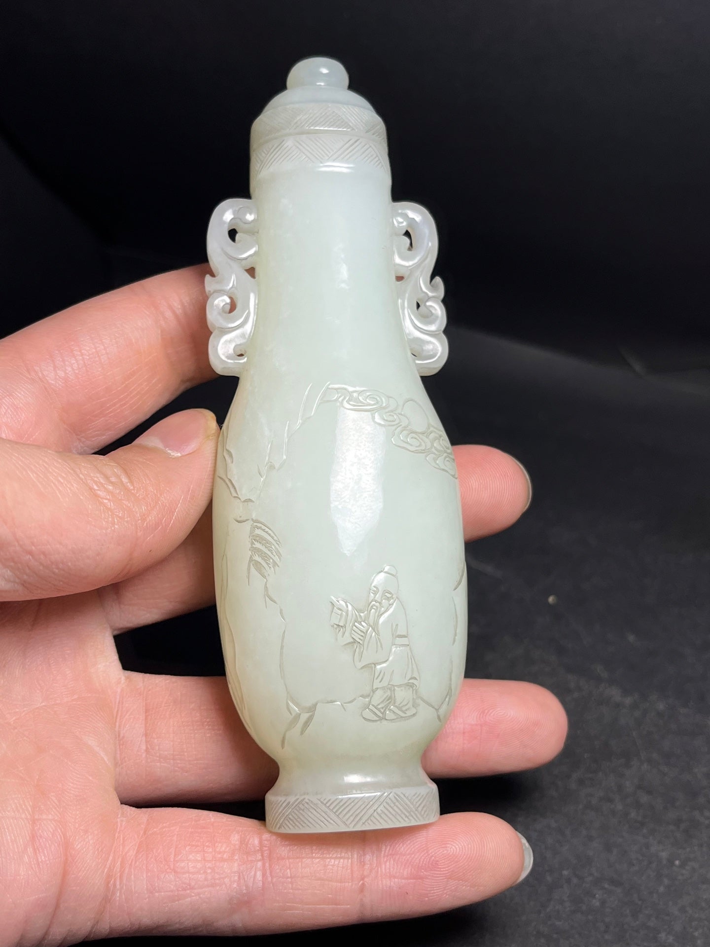 A0463 Old Chinese Hetian Jade Low Relief Visit Friend In Remote Mountains Double Ears Bottle