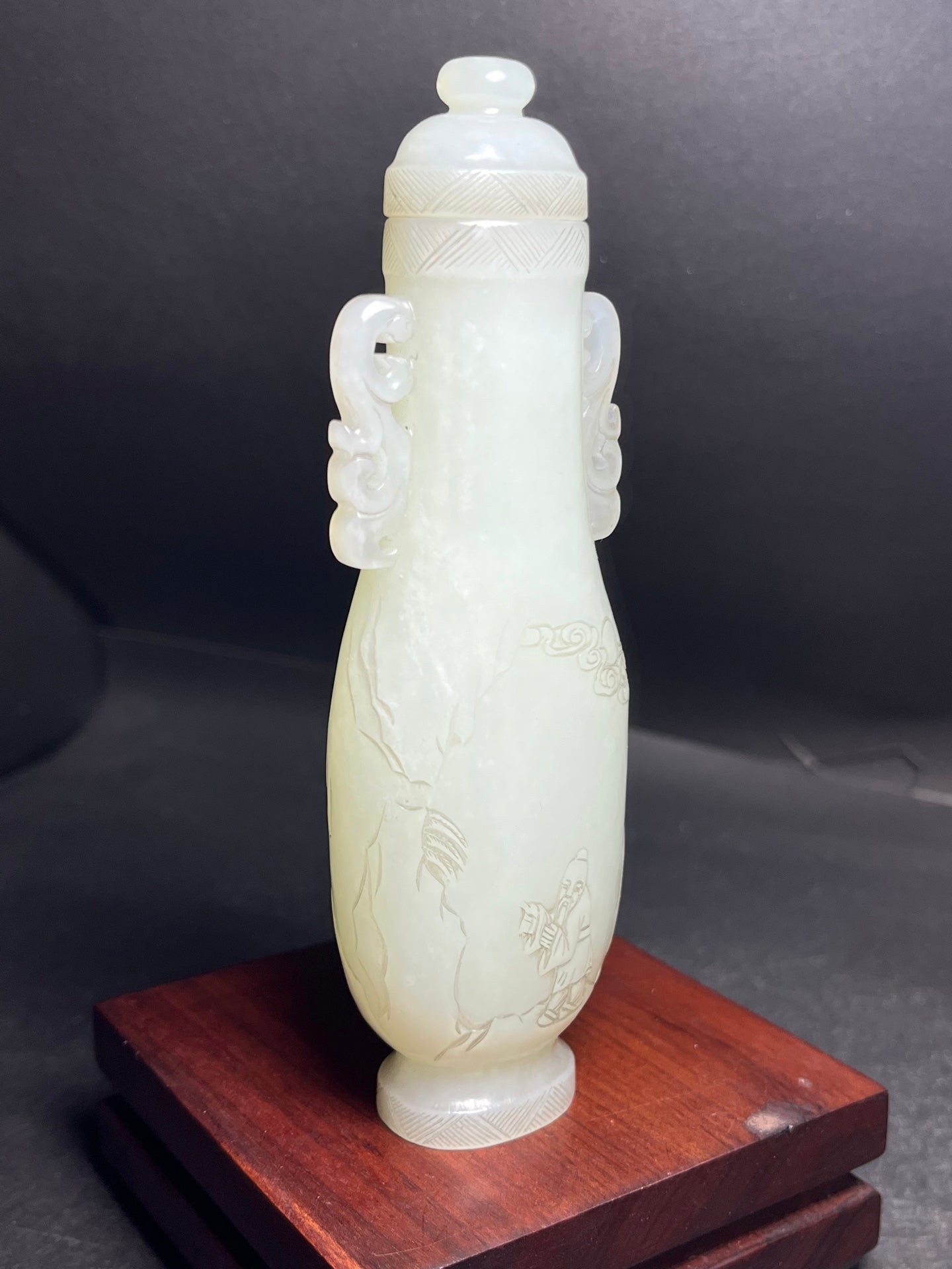 A0463 Old Chinese Hetian Jade Low Relief Visit Friend In Remote Mountains Double Ears Bottle