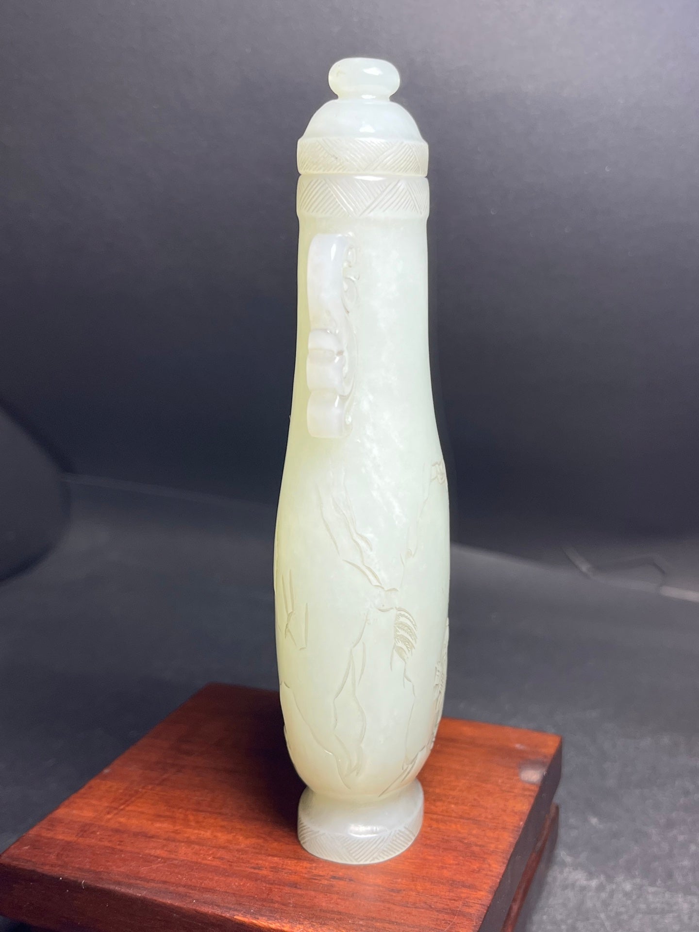 A0463 Old Chinese Hetian Jade Low Relief Visit Friend In Remote Mountains Double Ears Bottle