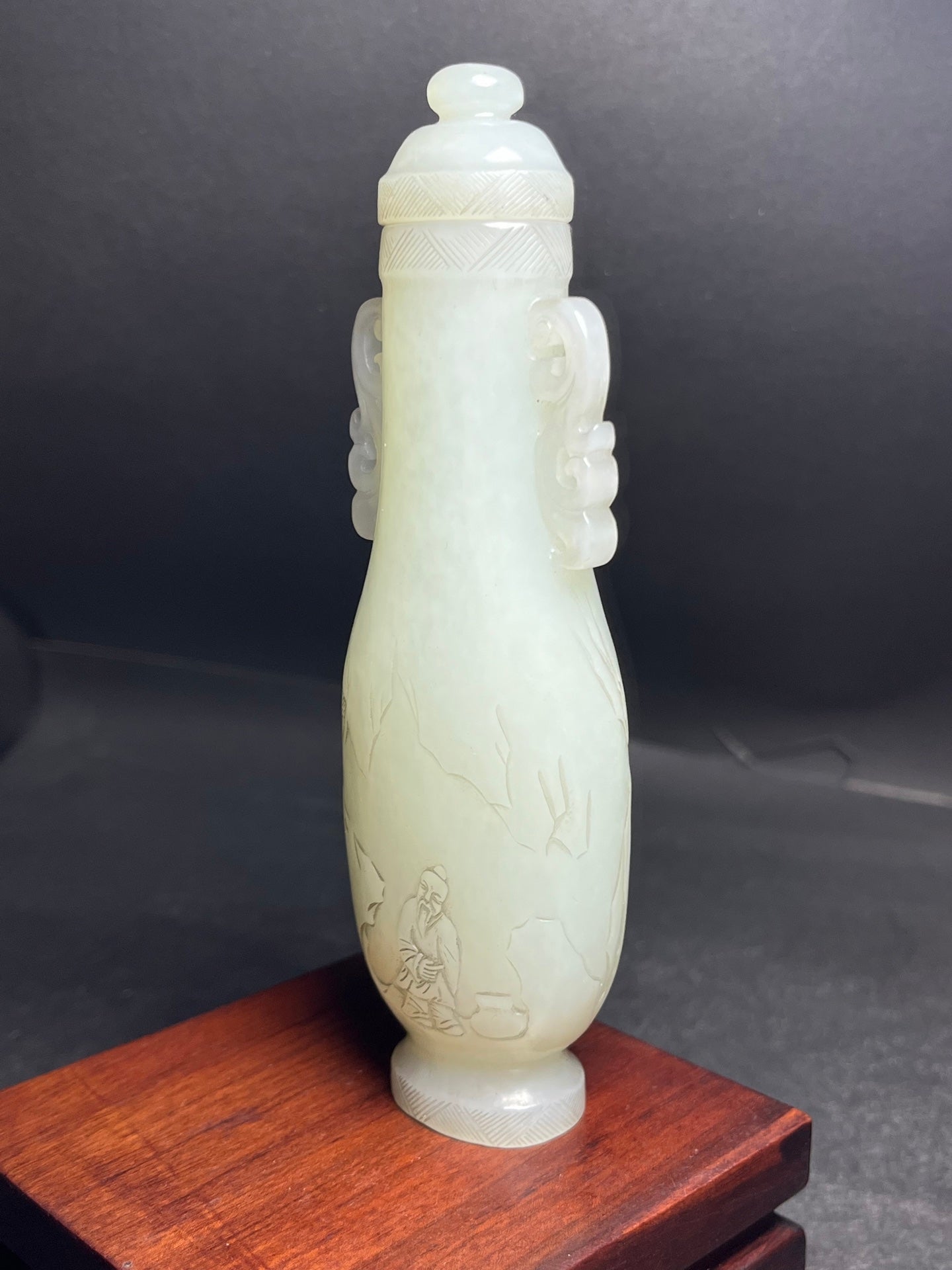 A0463 Old Chinese Hetian Jade Low Relief Visit Friend In Remote Mountains Double Ears Bottle