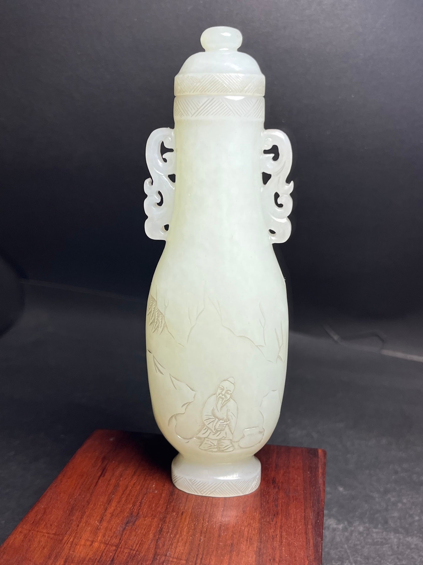 A0463 Old Chinese Hetian Jade Low Relief Visit Friend In Remote Mountains Double Ears Bottle