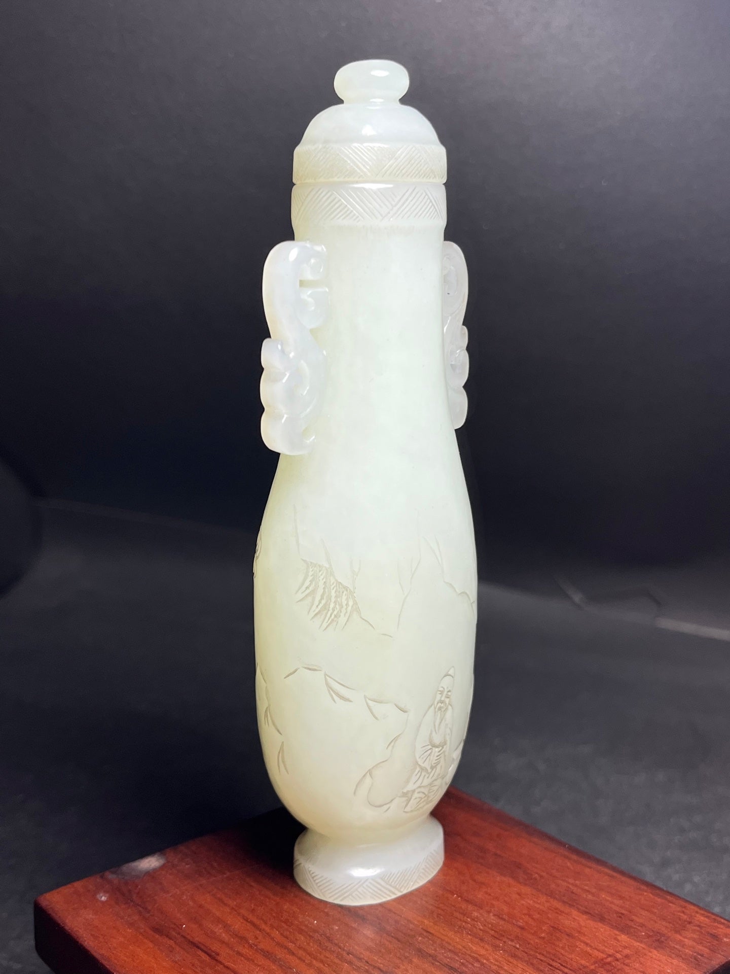 A0463 Old Chinese Hetian Jade Low Relief Visit Friend In Remote Mountains Double Ears Bottle