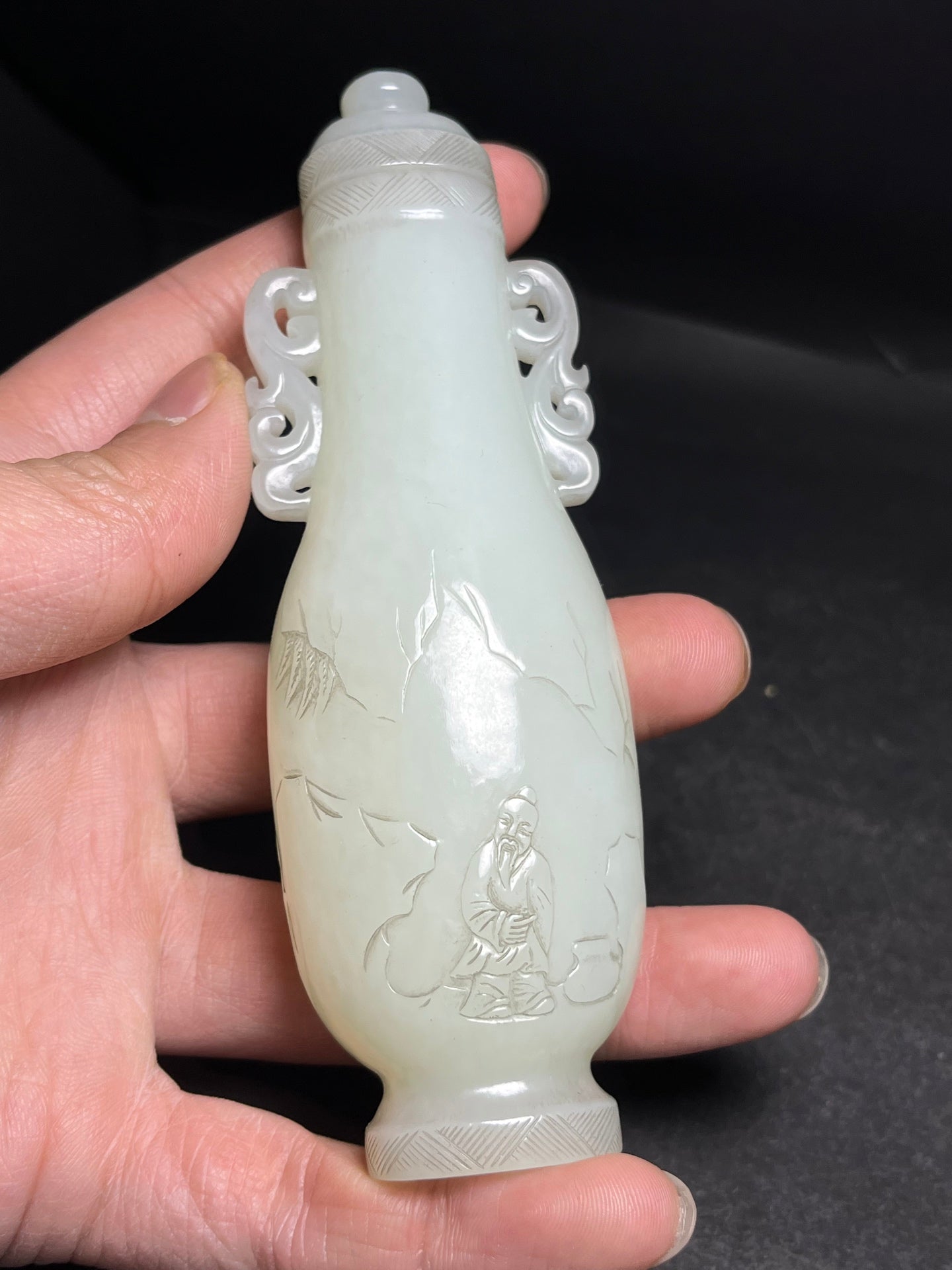 A0463 Old Chinese Hetian Jade Low Relief Visit Friend In Remote Mountains Double Ears Bottle
