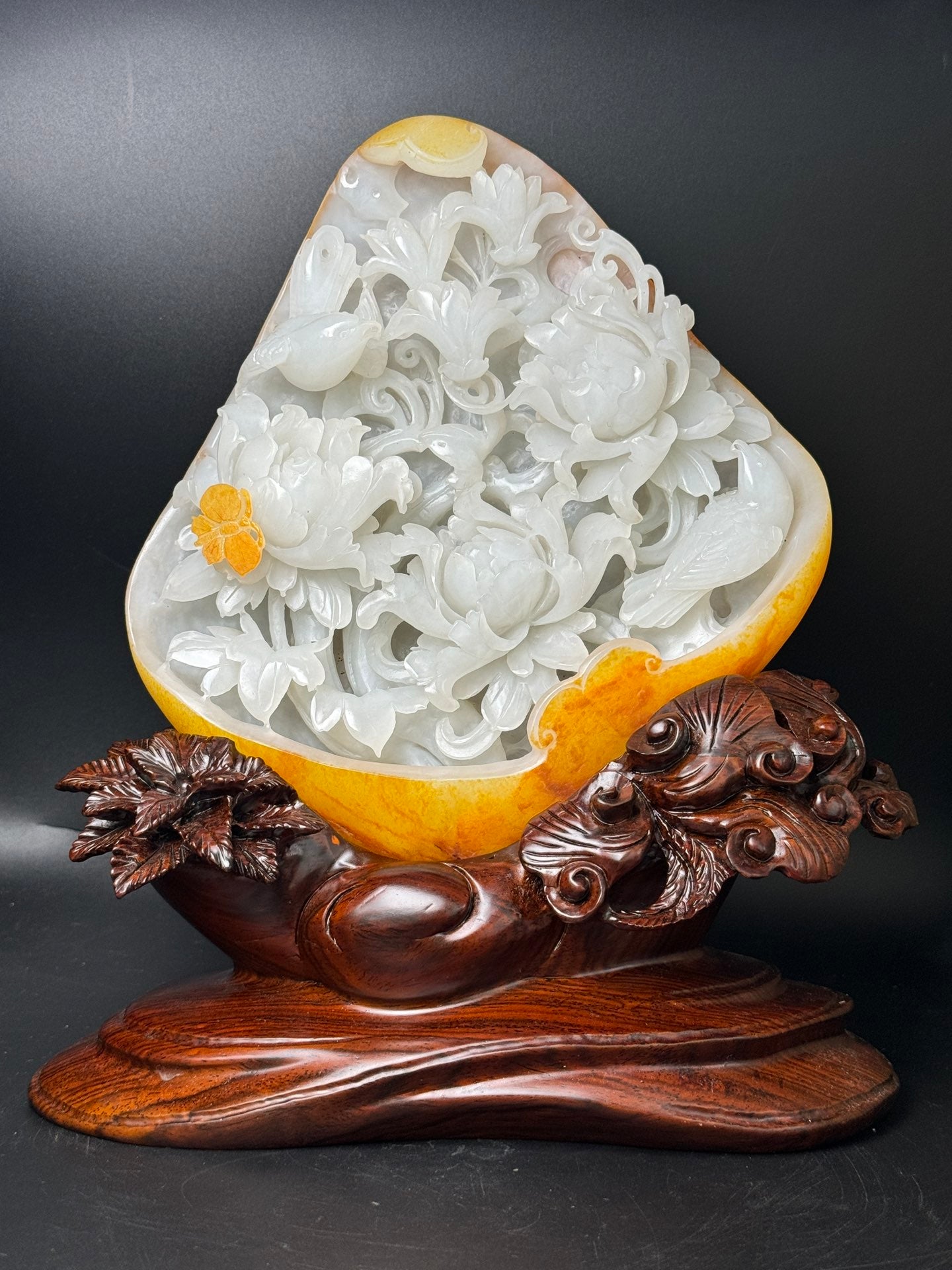 A0465 Chinese Natural Hetian Jade Original Stone Carved Peony & Bird Design Statue