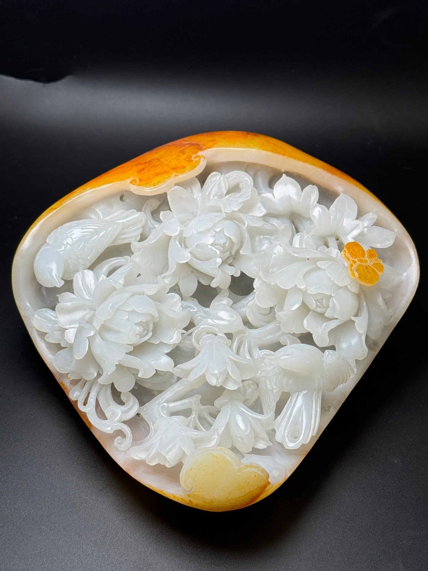 A0465 Chinese Natural Hetian Jade Original Stone Carved Peony & Bird Design Statue