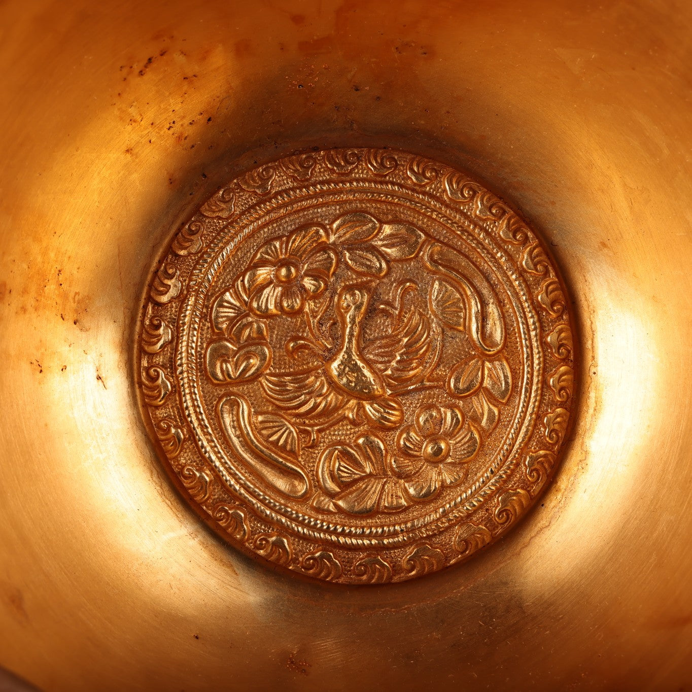 A0466 Old Chinese Gilt Gold Bronze Low Relief Kid Design Bowl
