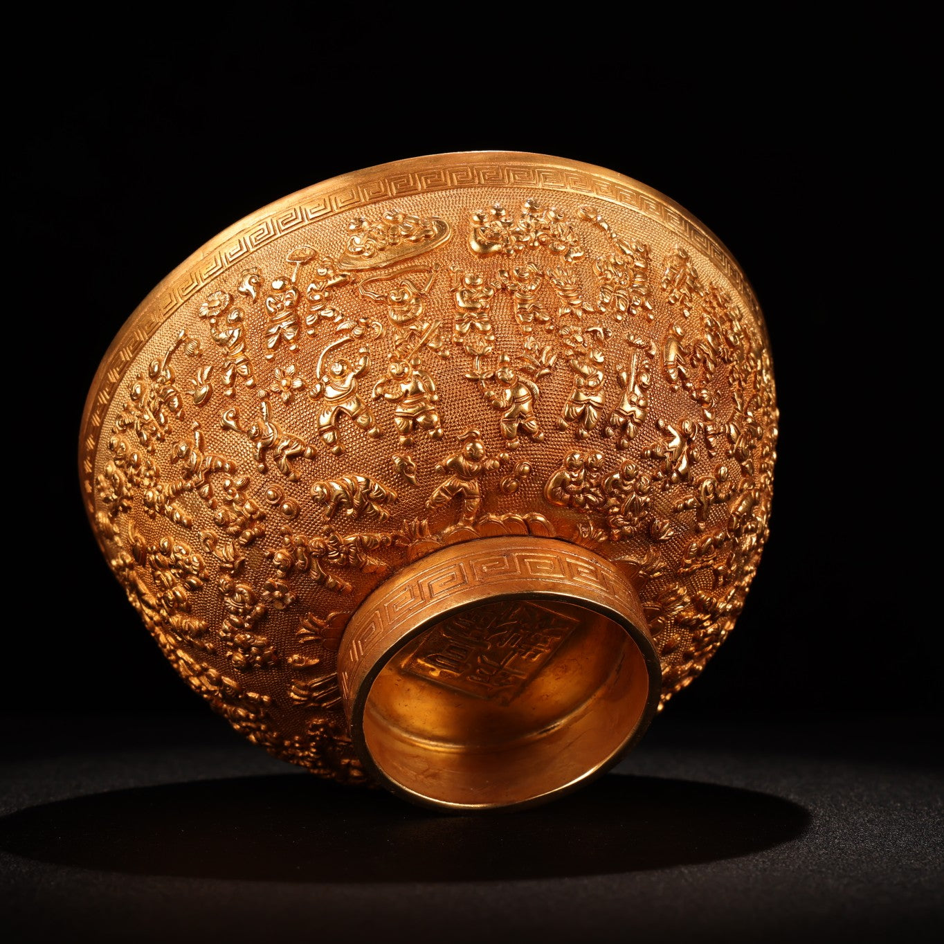 A0466 Old Chinese Gilt Gold Bronze Low Relief Kid Design Bowl