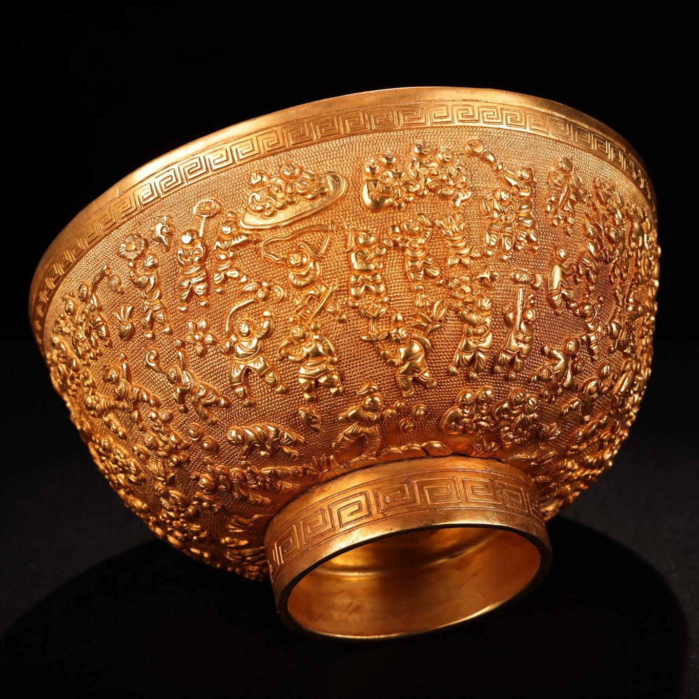 A0466 Old Chinese Gilt Gold Bronze Low Relief Kid Design Bowl