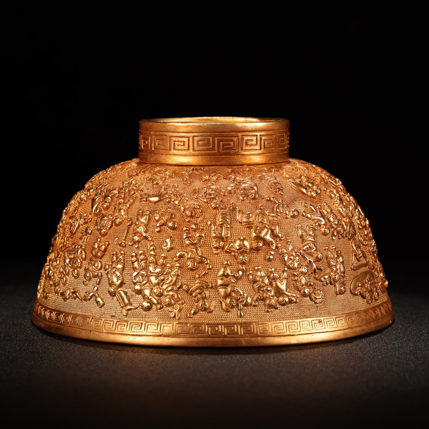 A0466 Old Chinese Gilt Gold Bronze Low Relief Kid Design Bowl
