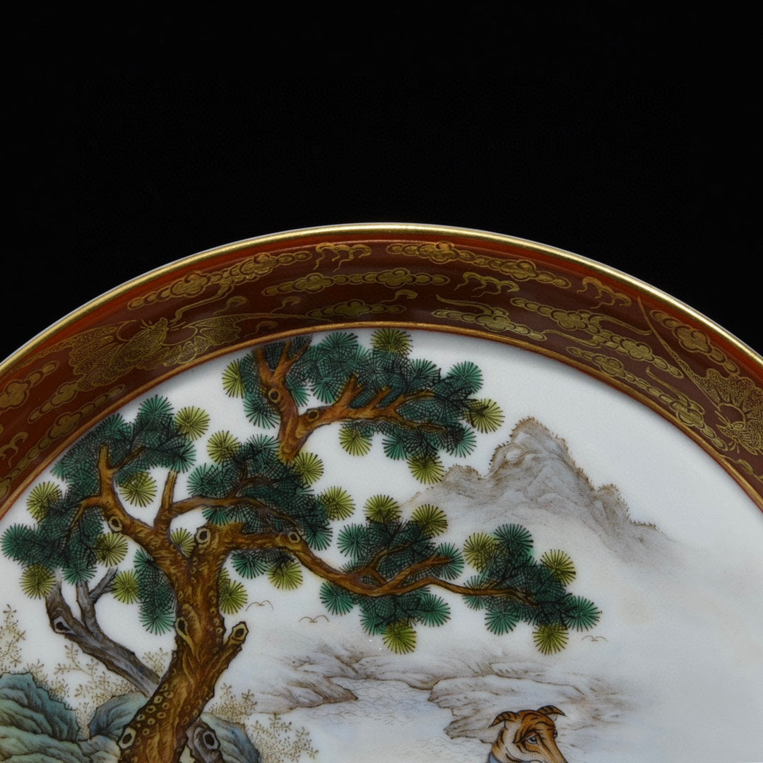 A0467 Chinese Gilt Gold Famille Rose Pine Tree & Dog Design Porcelain Plate