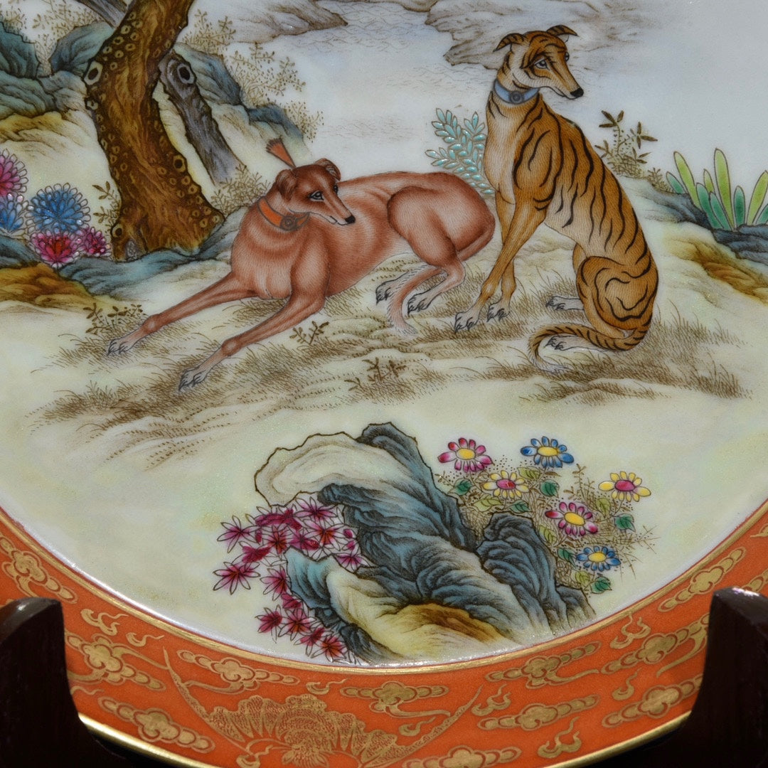 A0467 Chinese Gilt Gold Famille Rose Pine Tree & Dog Design Porcelain Plate