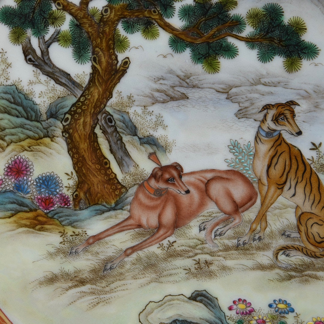 A0467 Chinese Gilt Gold Famille Rose Pine Tree & Dog Design Porcelain Plate