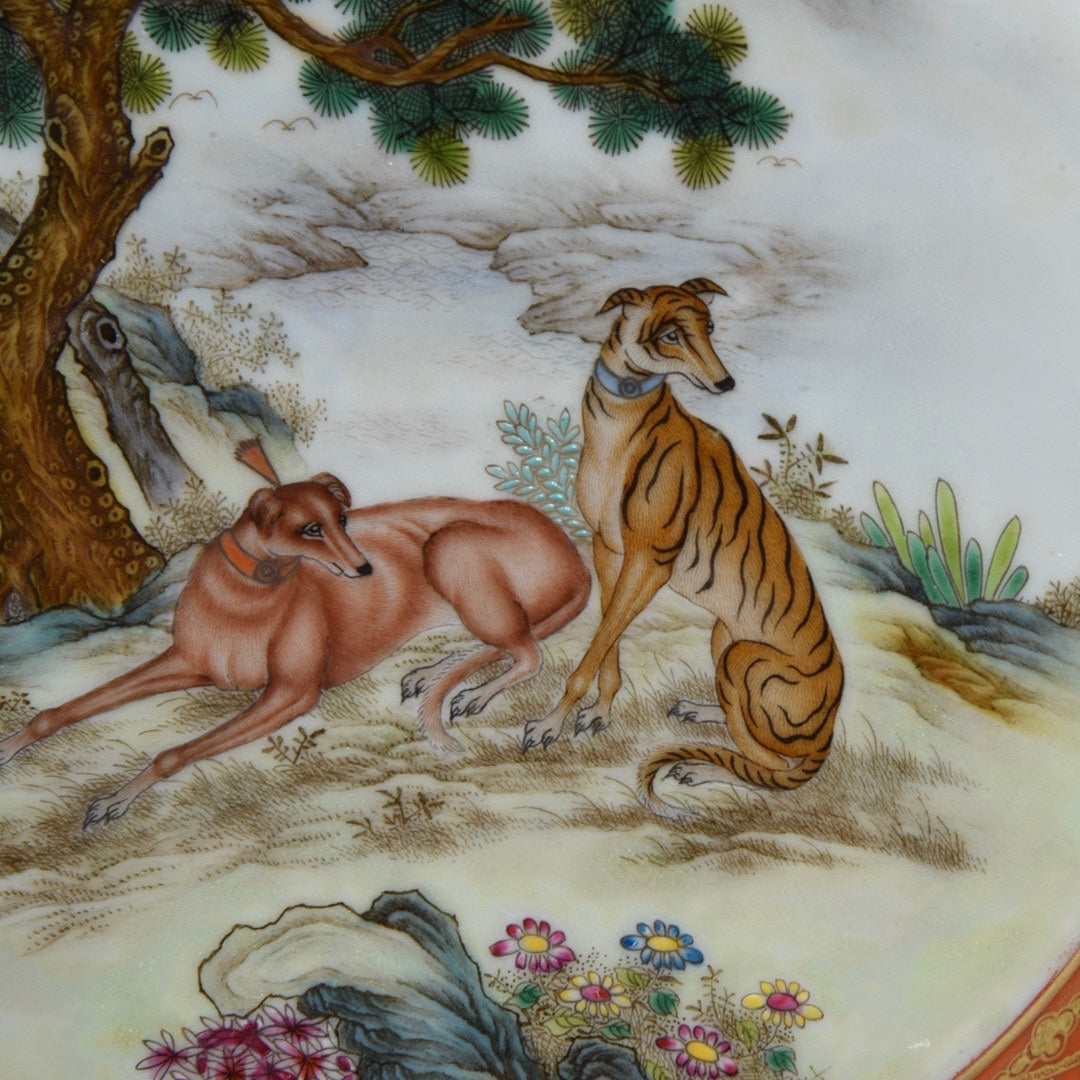 A0467 Chinese Gilt Gold Famille Rose Pine Tree & Dog Design Porcelain Plate