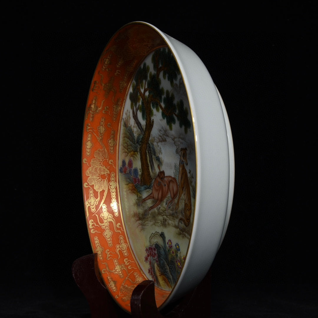 A0467 Chinese Gilt Gold Famille Rose Pine Tree & Dog Design Porcelain Plate