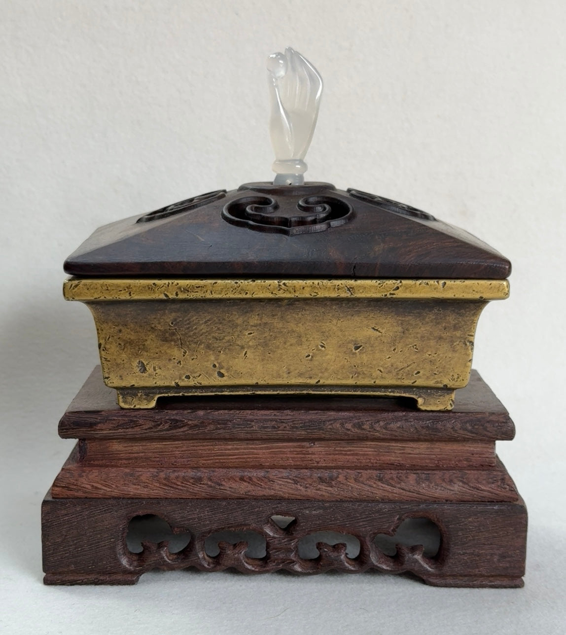 A0470 Vintage Chinese Brass Incense Burner w Zitan Wood Inlay Agate Lid & Base