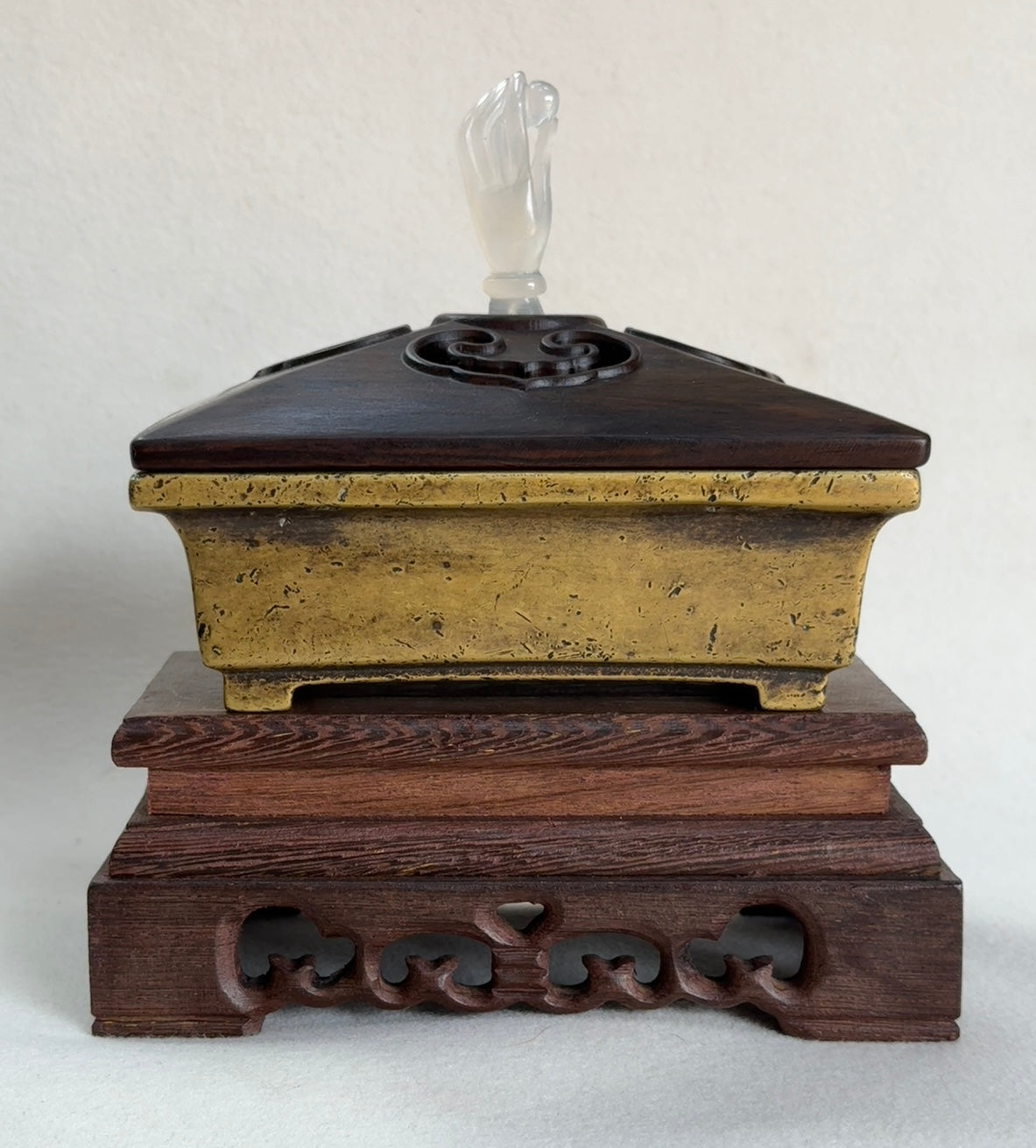 A0470 Vintage Chinese Brass Incense Burner w Zitan Wood Inlay Agate Lid & Base