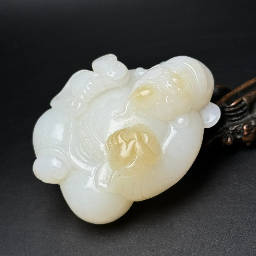 A0471 Chinese Natural Hetian Jade Carved Fortune Taoism Deity Statue