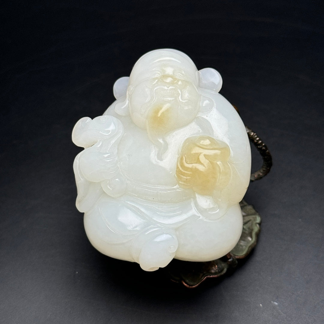 A0471 Chinese Natural Hetian Jade Carved Fortune Taoism Deity Statue