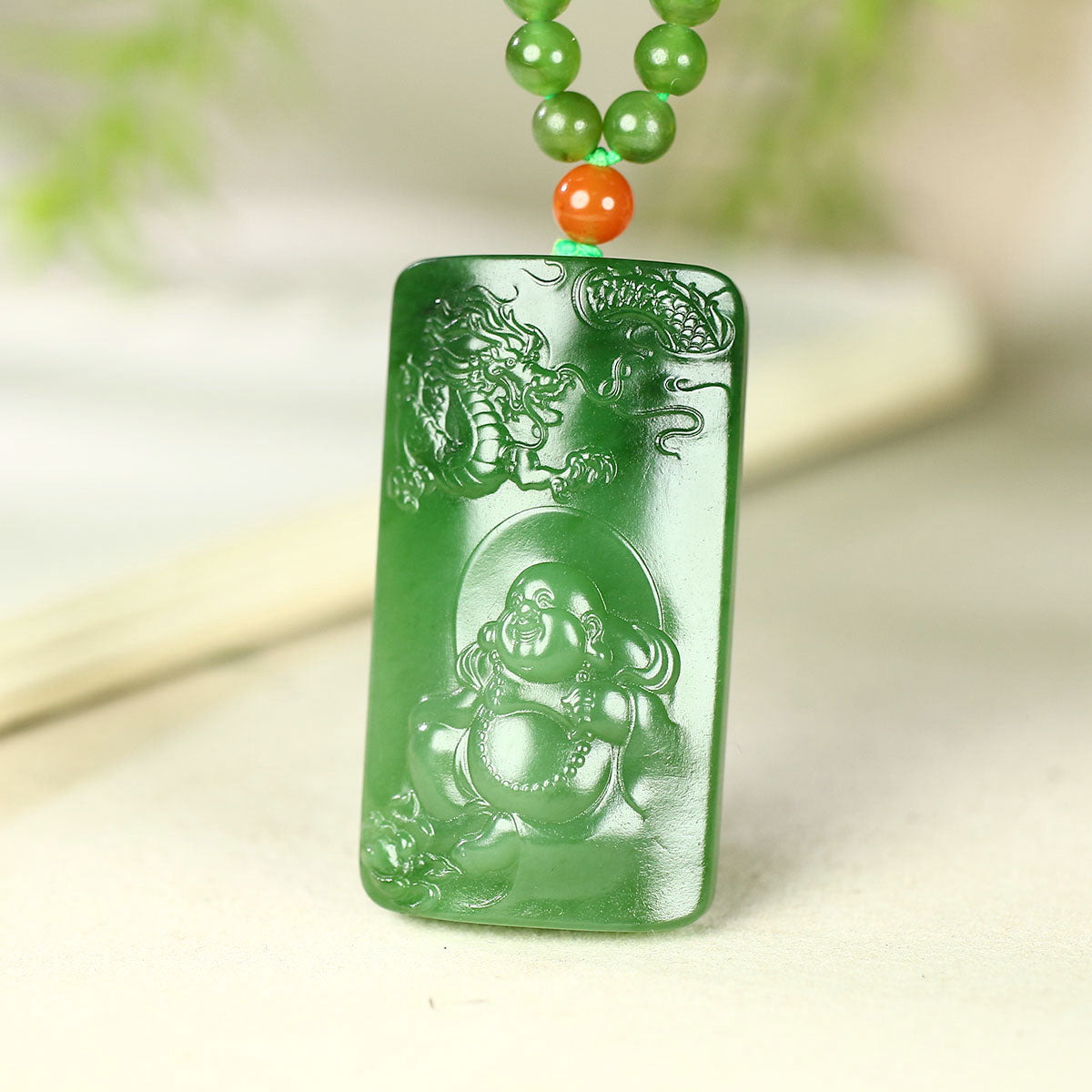 A0475 Natural Green Hetian Jade Laughing Buddha & Fortune Dragon Pendant