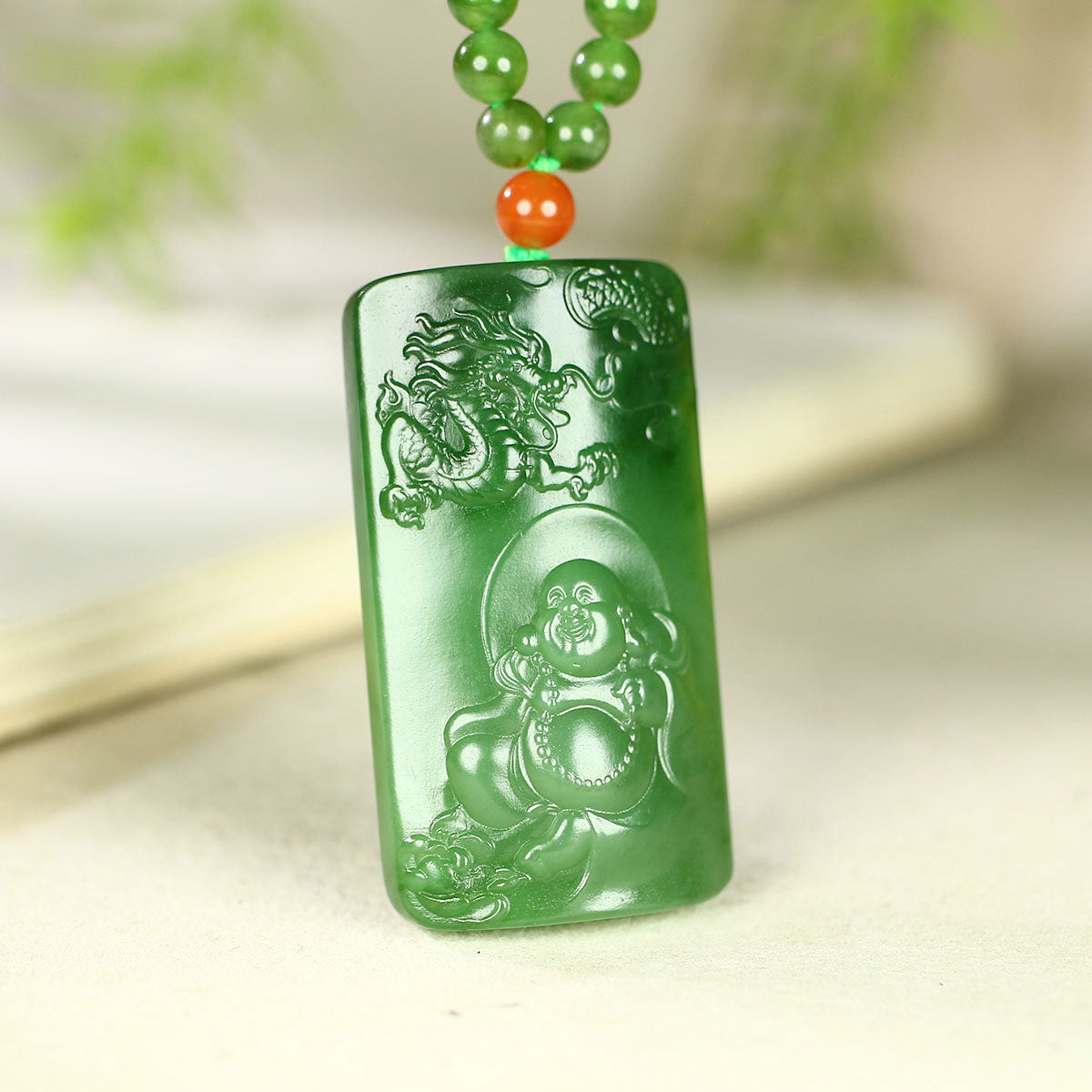 A0475 Natural Green Hetian Jade Laughing Buddha & Fortune Dragon Pendant