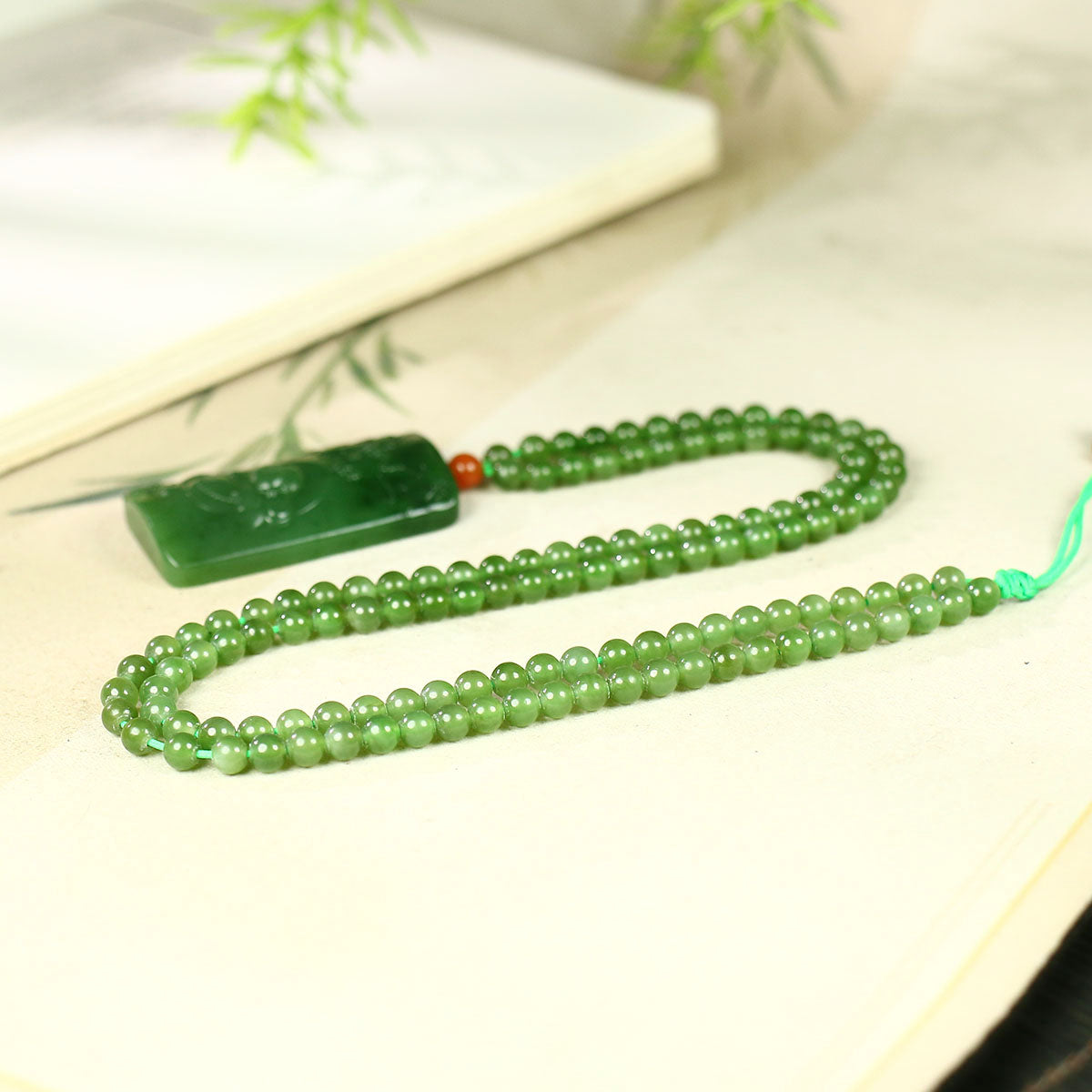 A0475 Natural Green Hetian Jade Laughing Buddha & Fortune Dragon Pendant