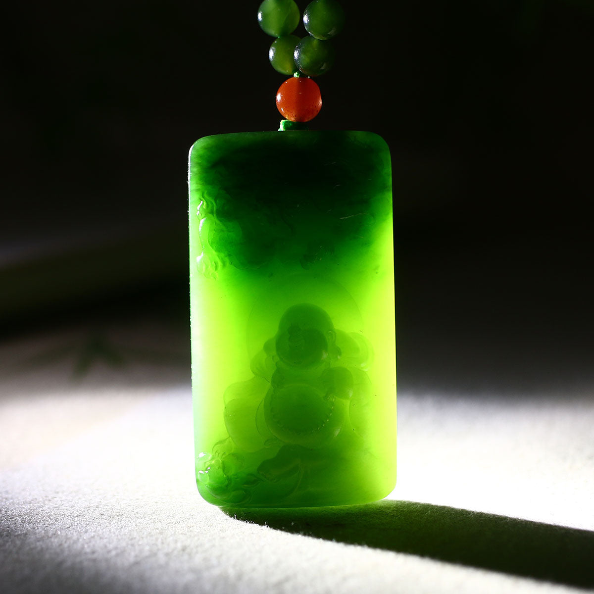 A0475 Natural Green Hetian Jade Laughing Buddha & Fortune Dragon Pendant